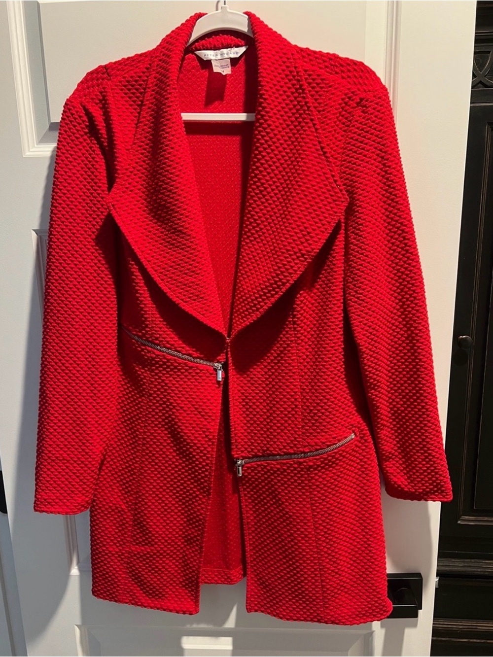 Peter Nygard Red Textured Open-Front Blazer with Zippers